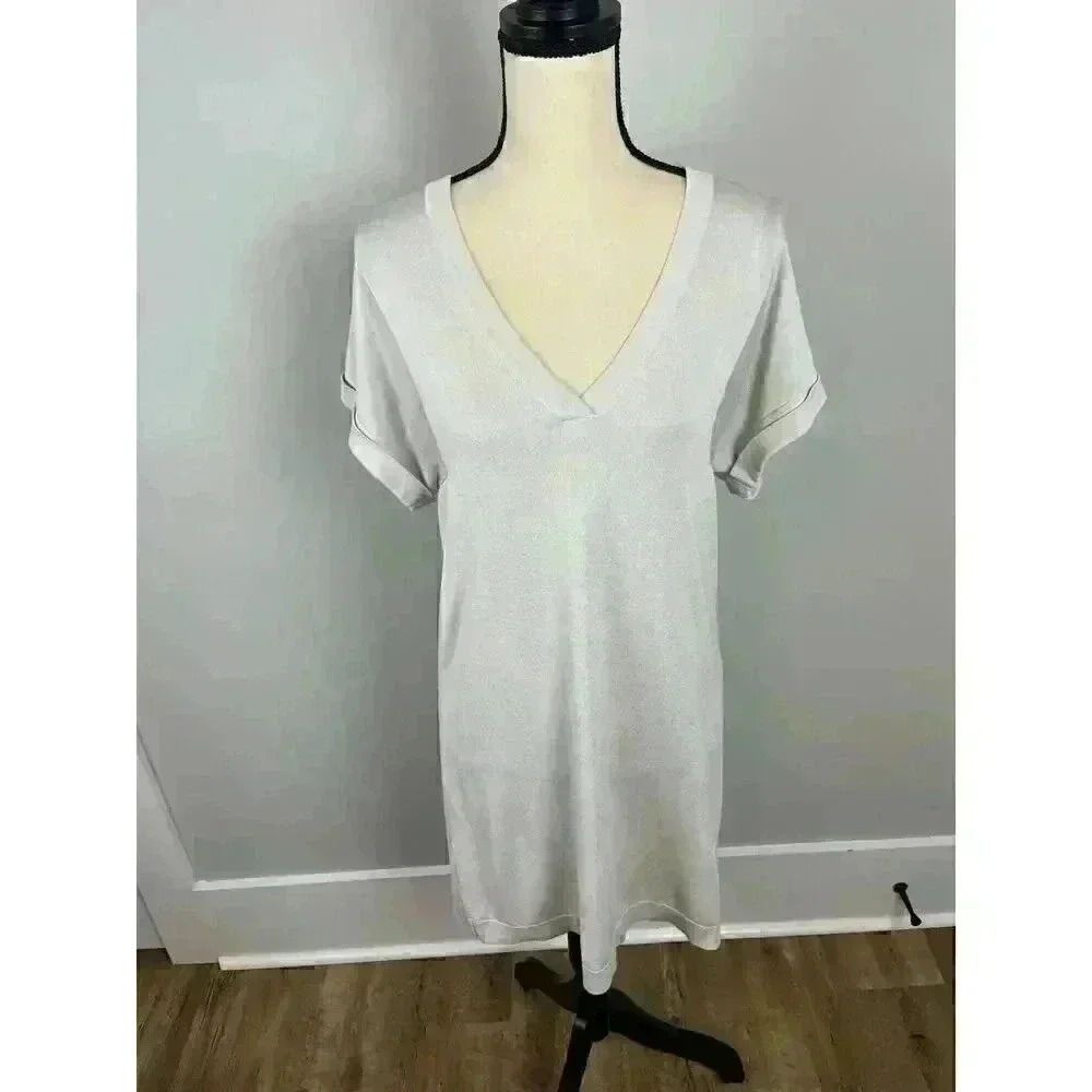 Amina Rubinacci Women's Short Sleeve Shift Dress Size 44 Beige Midi